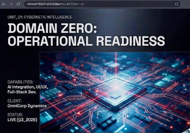 A digital cover-style graphic with the title 'DOMAIN ZERO: OPERATIONAL READINESS' in large white text over a dark interface background. Smaller text lists capabilities such as AI integration, UI/UX, and full-stack dev, with client and status details.
